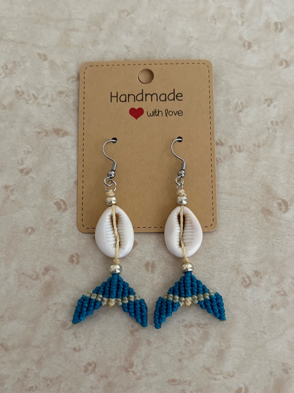 Handmade Blue Shell Drop Earrings with Beaded Detail